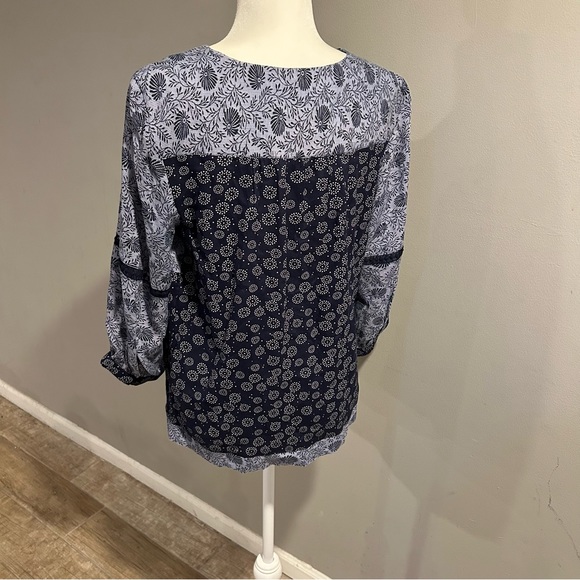 Intro Light Blue Navy Blue Calico Southern Print Boho Peasant Top Petite Large - Picture 2 of 5